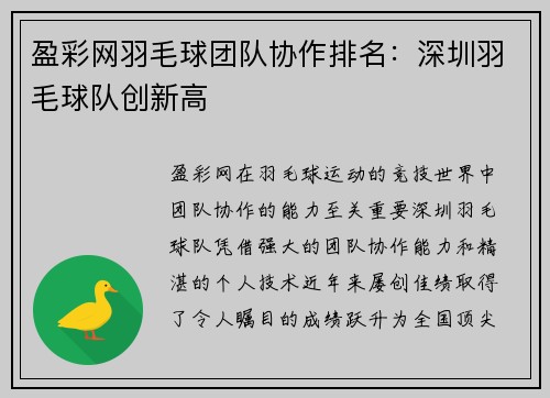 盈彩网羽毛球团队协作排名：深圳羽毛球队创新高