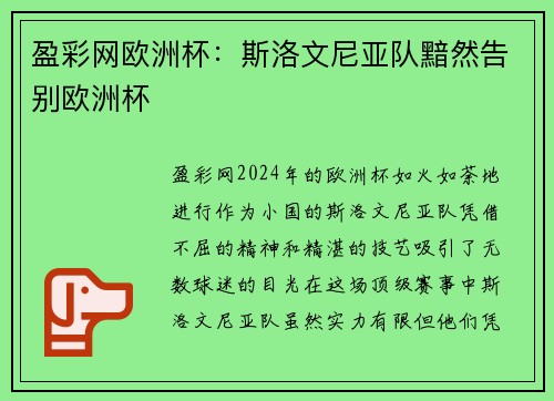 盈彩网欧洲杯：斯洛文尼亚队黯然告别欧洲杯